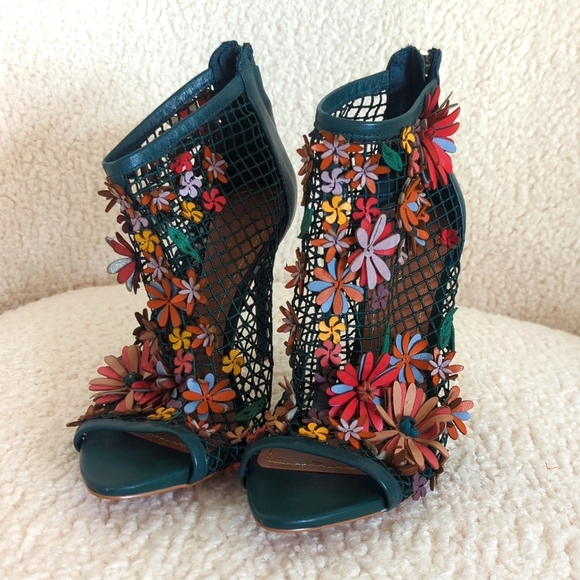 Zara Green Colorful Floral Mesh Heeled Bootie - Picture 3 of 11